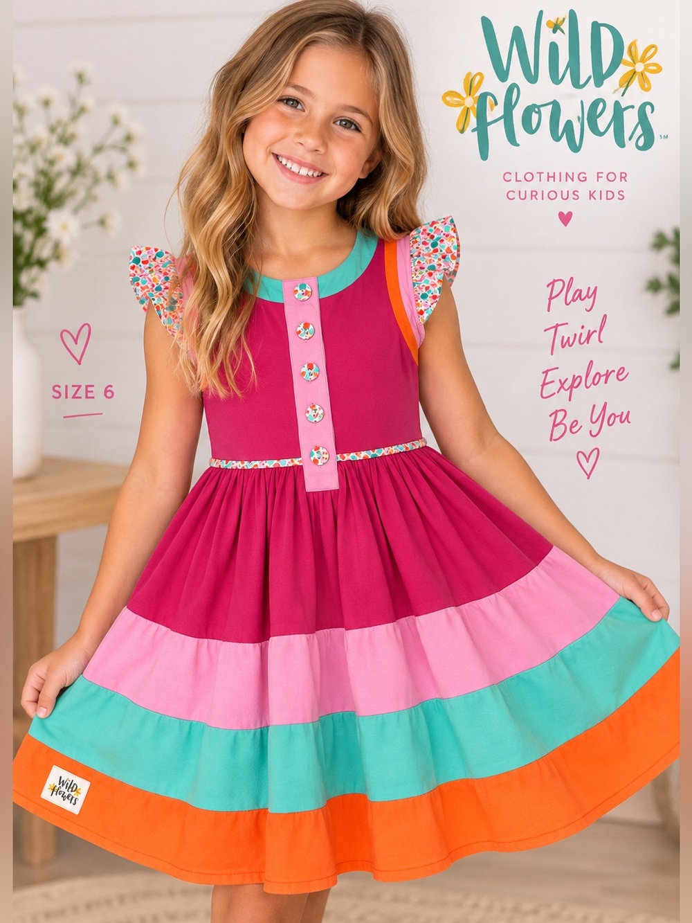 Wild Flowers Girls Size 6 Colorblock Twirl Dress Pink Aqua Orange Floral